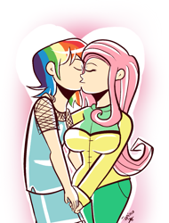 Size: 759x1000 | Tagged: safe, artist:php52, fluttershy, rainbow dash, human, breasts, female, flutterdash, hootershy, humanized, kissing, lesbian, light skin, shipping