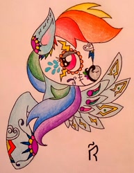 Size: 1038x1343 | Tagged: safe, artist:dawn-designs-art, derpibooru import, rainbow dash, pegasus, pony, abstract, abstract art, candy skull, death mask, modern art, solo, traditional art