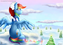 Size: 899x639 | Tagged: safe, artist:tonydashie22, derpibooru import, rainbow dash, pegasus, pony, christmas tree, hat, santa hat, scenery, snow, solo, tree, winter