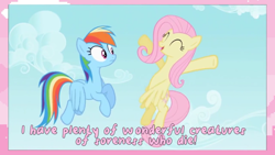 Size: 1280x720 | Tagged: safe, derpibooru import, edit, edited screencap, screencap, fluttershy, rainbow dash, pegasus, pony, may the best pet win, duo, female, flying, mare, voice recognition, youtube link