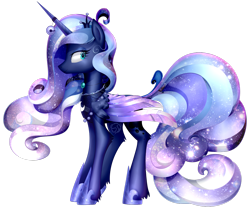 Size: 1280x1067 | Tagged: safe, artist:strangerdragos, princess luna, alicorn, pony, bell, crown, ethereal mane, female, jewelry, leg fluff, mare, profile, regalia, simple background, solo, starry mane, transparent background, two toned wings, wings