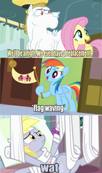 Size: 641x1082 | Tagged: safe, edit, edited screencap, screencap, bulk biceps, derpy hooves, fluttershy, rainbow dash, pegasus, pony, rainbow falls, alternate universe, bizarro, blonde, blonde mane, blonde tail, blue eyes, caption, comic, curtain, ear piercing, exploitable meme, female, flag, golden eyes, it's happened and now we can't stop it, looking to side, looking to the right, male, mare, meme, open mouth, piercing, pink mane, pink tail, red eyes, replacement meme, role reversal, screencap comic, smiling, spread wings, stallion, subversion, text, wat, white coat, wings, yellow coat