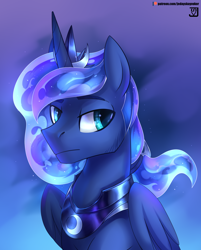 Size: 2416x3000 | Tagged: safe, artist:jedayskayvoker, prince artemis, princess luna, alicorn, pony, armor, bust, folded wings, high res, horn, lidded eyes, male, patreon, patreon logo, portrait, rcf community, rule 63, solo, stallion, wings