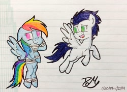 Size: 1024x741 | Tagged: safe, artist:candycorporation, rainbow dash, soarin', pegasus, pony, female, male, shipping, soarindash, straight, traditional art