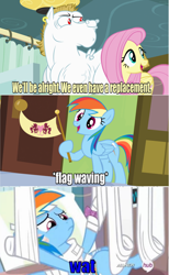 Size: 608x988 | Tagged: safe, bulk biceps, fluttershy, rainbow dash, pegasus, pony, rainbow falls, blonde, blonde mane, blonde tail, blue eyes, curtain, ear piercing, exploitable meme, female, image macro, looking to side, looking to the right, male, mare, meme, open mouth, piercing, pink mane, pink tail, red eyes, replacement meme, self ponidox, smiling, spread wings, stallion, text, wat, white coat, wings, yellow coat
