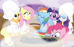 Size: 1250x800 | Tagged: safe, artist:dm29, derpibooru import, applejack, fluttershy, pinkie pie, rainbow dash, rarity, twilight sparkle, twilight sparkle (alicorn), alicorn, earth pony, pegasus, pony, unicorn, applejack's "day" off, girl time, mane six, sauna, spa, steam room, towel