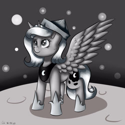 Size: 3000x3000 | Tagged: safe, artist:brilliant-luna, princess luna, alicorn, pony, armor, cartographer's cap, cheek fluff, cute, ear fluff, female, filly, hat, mare, monochrome, moon, moonstuck, smiling, smirk, solo, space, stars, woona, younger