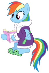 Size: 1809x2669 | Tagged: safe, artist:sketchmcreations, derpibooru import, rainbow dash, pegasus, pony, applejack's "day" off, bathrobe, clothes, cute, inkscape, magazine, simple background, sitting, slippers, solo, tank slippers, transparent background, vector