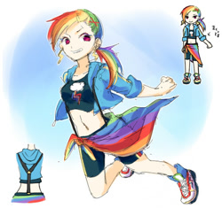 Size: 600x563 | Tagged: safe, artist:shirotsumehakka, derpibooru import, rainbow dash, human, belly button, clothes, grin, humanized, jacket, midriff, shorts, smiling, solo, suspenders, tanktop