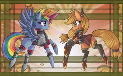 Size: 1600x1000 | Tagged: safe, artist:raptor007, derpibooru import, applejack, rainbow dash, earth pony, pegasus, pony, alternate hairstyle, clothes, ear piercing, piercing, socks, stockings