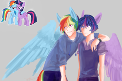 Size: 2999x1999 | Tagged: safe, artist:zyyyyyy, derpibooru import, dusk shine, prince dusk, rainbow blitz, rainbow dash, twilight sparkle, twilight sparkle (alicorn), alicorn, human, eared humanization, humanized, rule 63, tailed humanization, winged humanization