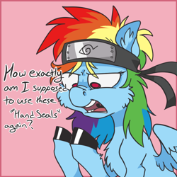 Size: 500x500 | Tagged: safe, artist:xenon, rainbow dash, pony, anime, annoyed, chest fluff, cosplay, cross-eyed, crossover, dialogue, ear fluff, female, headband, mare, naruto, open mouth, parody, solo, unshorn fetlocks