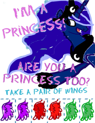 Size: 1111x1437 | Tagged: safe, artist:pixelkitties, edit, princess luna, alicorn, pony, crayon, crayon drawing, female, flyer, green wings, i'm a princess are you a princess too?, mare, pointing, purple wings, recolor, red wings, smiling, text, traditional art, wings