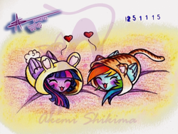 Size: 1024x771 | Tagged: safe, artist:shikimaakemi, derpibooru import, rainbow dash, twilight sparkle, twilight sparkle (alicorn), alicorn, pegasus, pony, blushing, chubbie, clothes, eyes closed, female, heart, kigurumi, lesbian, my little squishy, obtrusive watermark, open mouth, shipping, twidash, watermark