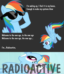 Size: 609x700 | Tagged: safe, artist:drpain, edit, edited screencap, screencap, rainbow dash, pegasus, pony, aura, female, imagine dragons, mare, radioactive, solo, song reference, sunglasses