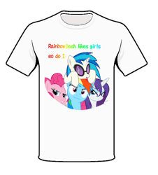 Size: 622x689 | Tagged: safe, derpibooru import, dj pon-3, pinkie pie, rainbow dash, rarity, vinyl scratch, earth pony, pegasus, pony, unicorn, clothes, female, lesbian, rainbow dash likes girls (stay gay pony girl), renard, song reference, t-shirt