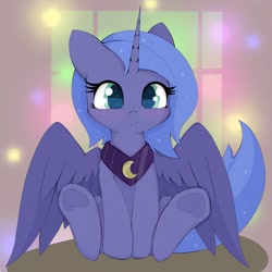 Size: 1024x1024 | Tagged: safe, artist:zokkili, princess luna, alicorn, pony, colored pupils, cute, daaaaaaaaaaaw, female, filly, looking at you, lunabetes, sitting, smiling, solo, spread wings, weapons-grade cute, wings, woona, younger, zokkili is trying to murder us