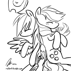 Size: 1100x1100 | Tagged: safe, artist:rwl, derpibooru import, applejack, rainbow dash, earth pony, pegasus, pony, appledash, cuddling, cute, female, hat, lesbian, monochrome, shipping, sketch, sleeping, snuggling, wip