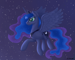 Size: 3444x2755 | Tagged: safe, artist:caulfieldsprice, princess luna, alicorn, pony, crown, ethereal mane, female, flying, high res, horn, jewelry, mare, mare in the moon, moon, night, regalia, solo, starry eyes, starry mane, starry night, stars, wingding eyes, wings