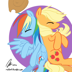 Size: 1100x1100 | Tagged: safe, artist:rwl, artist:vinylmetroid, derpibooru import, applejack, rainbow dash, earth pony, pegasus, pony, appledash, colored, cuddling, cute, female, hat, lesbian, shipping, sleeping, snuggling