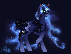 Size: 1886x1432 | Tagged: safe, artist:djspark3, princess luna, alicorn, pony, blue background, curved horn, ethereal mane, fangs, female, galaxy mane, galaxy tail, horn, hybrid wings, mare, redesign, simple background, slit eyes, smiling, solo, wings