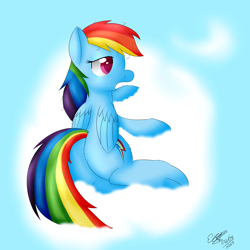 Size: 4000x4000 | Tagged: safe, artist:icy wings, derpibooru import, rainbow dash, pegasus, pony, absurd resolution, cloud, morning, plot, solo