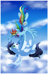 Size: 1974x3037 | Tagged: safe, artist:xnightmelody, rainbow dash, soarin', pegasus, pony, cloud, cloudy, female, flying, male, shipping, sky, soarindash, straight