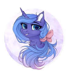 Size: 1205x1350 | Tagged: safe, artist:vird-gi, princess luna, alicorn, pony, alternate hairstyle, bow, cheek fluff, ear fluff, female, hair bow, looking at you, mare, neck fluff, s1 luna, smiling, smiling at you, solo