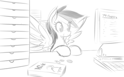 Size: 1301x812 | Tagged: dead source, safe, artist:reiduran, derpibooru import, rainbow dash, pegasus, pony, bits, cash register, computer, cute, food, monochrome, pizza, simple background, sketch, smiling, solo, spread wings, that pony sure does love pizza, vhs, white background