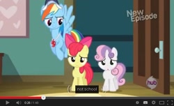 Size: 640x389 | Tagged: safe, screencap, apple bloom, rainbow dash, sweetie belle, pegasus, pony, meme, youtube caption