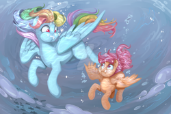 Size: 1600x1067 | Tagged: safe, artist:glacierclear, derpibooru import, rainbow dash, scootaloo, pegasus, pony, bubble, deviantart watermark, female, filly, mare, obtrusive watermark, underwater, water, watermark