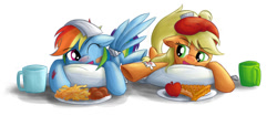 Size: 900x378 | Tagged: dead source, safe, artist:xioade, derpibooru import, applejack, rainbow dash, earth pony, pegasus, pony, apple, apple pie, bandaid, drink, duo, duo female, female, food, french fries, injured, pie, sick