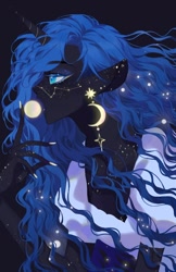 Size: 1024x1580 | Tagged: safe, artist:xieyanbbb, princess luna, alicorn, human, clothes, constellation, constellation freckles, crescent moon, dark skin, dress, ear piercing, eared humanization, earring, freckles, horn, horned humanization, humanized, jewelry, moon, nail polish, open mouth, piercing, profile, solo, stars