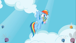 Size: 1366x768 | Tagged: safe, screencap, rainbow dash, parasprite, pegasus, pony, swarm of the century, blue coat, female, mare, multicolored mane, solo