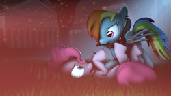 Size: 1920x1080 | Tagged: safe, artist:star-lightstarbright, derpibooru import, pinkie pie, rainbow dash, earth pony, pegasus, pony, 3d, knife, mouth hold, nightmare night, role reversal