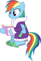 Size: 3372x5000 | Tagged: safe, artist:dashiesparkle, derpibooru import, rainbow dash, pegasus, pony, applejack's "day" off, .svg available, absurd resolution, bathrobe, clothes, full body, magazine, ponyscape, reading, simple background, sitting, solo, tank slippers, transparent background, vector