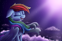 Size: 1920x1280 | Tagged: safe, artist:midnightsix3, derpibooru import, rainbow dash, pegasus, pony, clothes, cloud, crepuscular rays, eyes closed, floppy ears, night, redraw, scarf, solo, stars, windswept mane