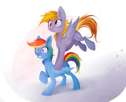 Size: 2100x1700 | Tagged: safe, artist:pfjerk, derpy hooves, rainbow dash, pegasus, pony, crying, female, flying, mare, ouch