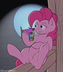 Size: 2767x3157 | Tagged: safe, artist:vivofortissimo, derpibooru import, idw, pinkie pie, rainbow dash, earth pony, pegasus, pony, comic book, fourth wall, on back, reading