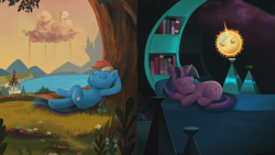 Size: 1920x1080 | Tagged: safe, artist:markmak, rainbow dash, twilight sparkle, pegasus, pony, bed, broken age, crossover, duality, grass, interior, sleeping, tree