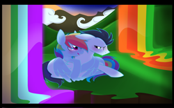 Size: 1600x1000 | Tagged: safe, artist:sparkle-bubba, rainbow dash, soarin', pegasus, pony, rainbow falls, blushing, female, male, shipping, soarindash, straight