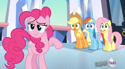 Size: 500x276 | Tagged: safe, derpibooru import, screencap, applejack, fluttershy, pinkie pie, rainbow dash, earth pony, pegasus, pony, out of context