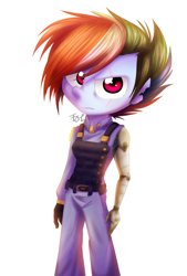 Size: 600x888 | Tagged: safe, artist:fj-c, derpibooru import, rainbow dash, equestria girls, amputee, apocalypse dash, bucky barnes, crossover, marvel, prosthetic limb, prosthetics, scar, simple background, solo, the winter soldier