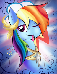 Size: 1024x1325 | Tagged: safe, artist:animechristy, derpibooru import, rainbow dash, pegasus, pony, feather, solo, tongue out, wink