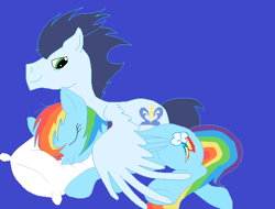 Size: 630x480 | Tagged: safe, artist:bluefire11400, rainbow dash, soarin', pegasus, pony, female, male, pillow, shipping, sleeping, soarindash, straight