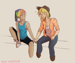 Size: 1280x1085 | Tagged: safe, artist:mlp-hearts, derpibooru import, applejack, rainbow dash, human, appledash, bandage, female, holding hands, humanized, lesbian, shipping