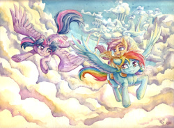 Size: 1024x752 | Tagged: safe, artist:the-wizard-of-art, derpibooru import, rainbow dash, scootaloo, twilight sparkle, twilight sparkle (alicorn), alicorn, pegasus, pony, cloudsdale, commission, flying, scootalove, traditional art, watercolor painting