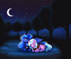 Size: 3543x2952 | Tagged: safe, artist:wild-fluff, idw, princess luna, radiant hope, alicorn, pony, unicorn, clothes, crescent moon, crown, female, jewelry, lesbian, lunahope, lying down, mare, moon, night, outdoors, peytral, prone, regalia, scarf, shipping, tiara, tree