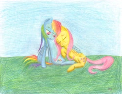 Size: 2191x1691 | Tagged: safe, artist:fonypan, fluttershy, rainbow dash, pegasus, pony, colored pencil drawing, female, flutterdash, hug, lesbian, love, shipping, traditional art, winghug