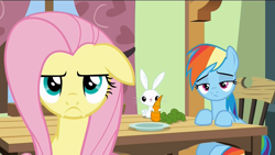 Size: 1920x1080 | Tagged: safe, derpibooru import, screencap, angel bunny, fluttershy, rainbow dash, pegasus, pony, flutter brutter, >:c, annoyed, carrot, chair, floppy ears, fluttershy is not amused, food, frown, plate, table, unamused